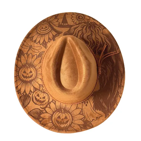 Halloween Laser Engraved Pumpkin Pattern Fedora Hat Retro Faux Suede Wide Brim Cowboy Hat For Party Unisex Western Hat Accessory
