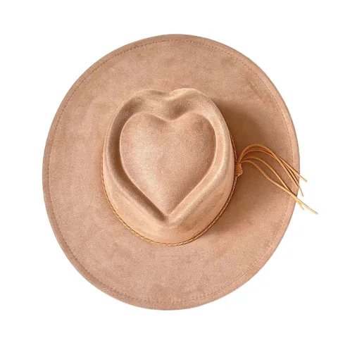 Vintage Western Cowboy Hat For Women Heart-Shaped Top Suede Wide Brim Tassel Fedora Party Outdoor Sun Protection Hat