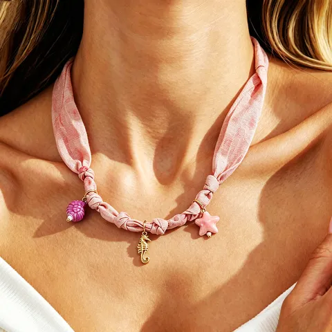 Vacation Style Fabric Scarf Pendant Necklace For Women Titanium Steel Sea Shell Seahorse Starfish Leopard Print Paisley Braided Clavicle Chain Jewelry