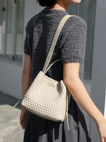Γυναικεία Υφαντή Τσάντα Bucket από Δέρμα PU Μόδα Casual Τσάντα Χειρός Μονόχρωμη Στυλάτη Τσάντα Ώμου Crossbody Στυλ Designer