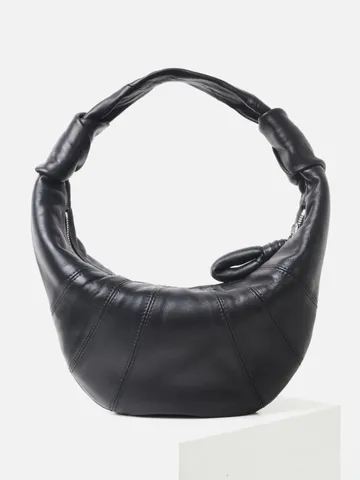 Women's French Niche Lambskin Croissant Hobo Bag Vintage Pleated Underarm Bag Knotted Handle Solid Color Zipper Shoulder Handbag