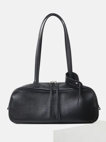 Large Capacity Genuine Leather Bowling Bag For Women Minimalist First Layer Cowhide Boston Underarm Bag Vintage Luxurious Shoulder Handbag