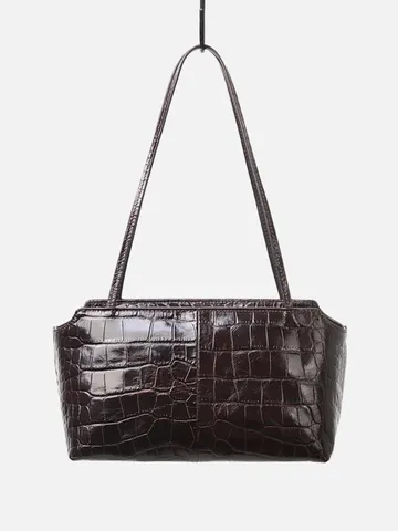 Western Retro Genuine Leather Cowhide Crocodile Pattern Underarm Bag For Women Elegant Commuter Solid Color Handbag Shoulder Bag