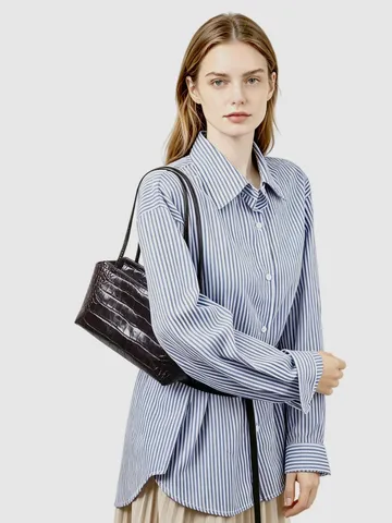 Western Retro Genuine Leather Cowhide Crocodile Pattern Underarm Bag For Women Elegant Commuter Solid Color Handbag Shoulder Bag