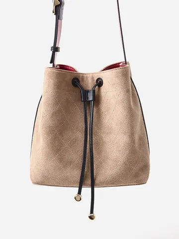 Women Quilted Suede Cowhide Leather Bucket Bag Elegant Drawstring Hobo Shoulder Bag Retro Tote Crossbody Bag For Ladies