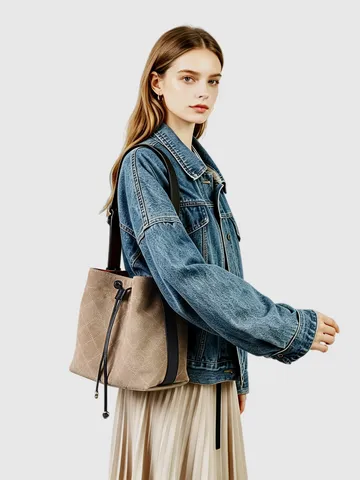 Women Quilted Suede Cowhide Leather Bucket Bag Elegant Drawstring Hobo Shoulder Bag Retro Tote Crossbody Bag For Ladies