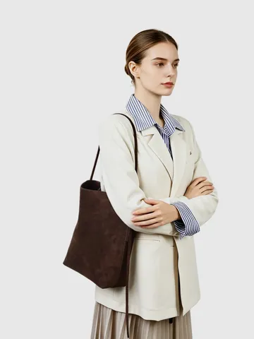 Large Capacity Nubuck Cowhide Bucket Bag For Women Retro Minimalist Tote Shoulder Bag Commuting Hobo Handbag