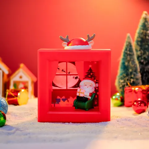 Luce Notturna Quadrata di Natale Babbo Natale Paesaggio in Miniatura Ornamento da Scrivania Rosso LED Lampada Festiva Casa Regalo