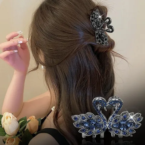 Pince à Cheveux Élégante en Forme de Cygne Noir avec Strass pour Femme Pince Crabe en Alliage Métallique Accessoire de Coiffure Délicat