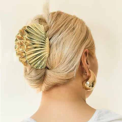 Pince à Cheveux en Métal Brillant Forme de Coquille pour Femmes Élégante Grande Pince Crabe Mode Or Argent Accessoires de Coiffure Cadeau