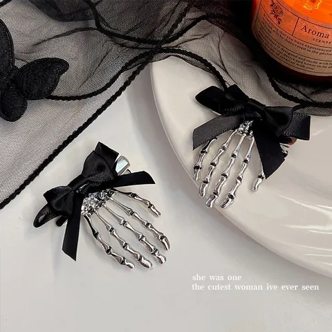 Pince à Cheveux Gothique Main de Squelette Avec Nœud en Satin Épingle Rétro Bec de Canard Femme Accessoires Fête Halloween