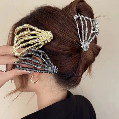 Pince à Cheveux Gothique Main de Squelette en Métal Crâne Punk Pince Crabe Halloween Accessoires Cheveux pour Femmes Épingle à Cheveux