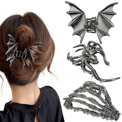 Barrette à Cheveux Halloween Chauve-souris Toile d'Araignée Main de Squelette Gothique Punk Alliage Pince à Cheveux Femme Fête