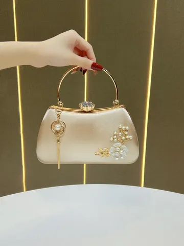 Borsa da Sera da Donna Pochette in Satino Perla Nappa Catena Borsa a Mano Elegante Banchetto Matrimonio Tracolla