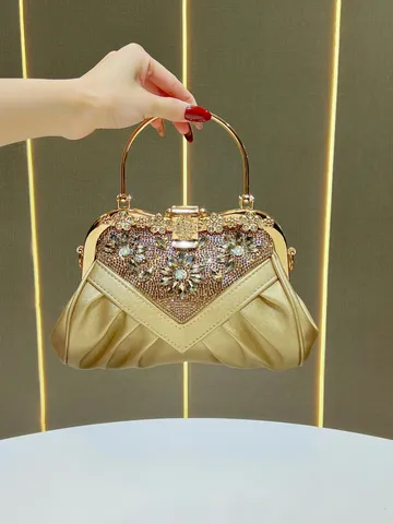Donna Strass Borsa da Sera Lusso Manico Metallico Borsa a Tracolla Plissettato Raso Pochette Borsetta Per Matrimonio Festa Banchetto