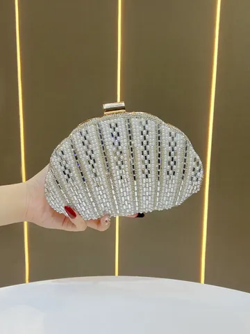 Donna Strass Perla Artificiale Conchiglia Borsa da Sera Elegante Catena Metallica Borsetta a Tracolla Matrimonio Festa Pochette