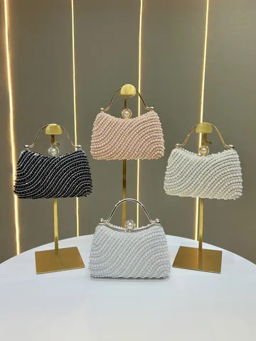 Elegante Borsa da Sera con Perle e Strass Lusso Manico Metallico Borsa a Tracolla a Catena Donna Matrimonio Festa Pochette
