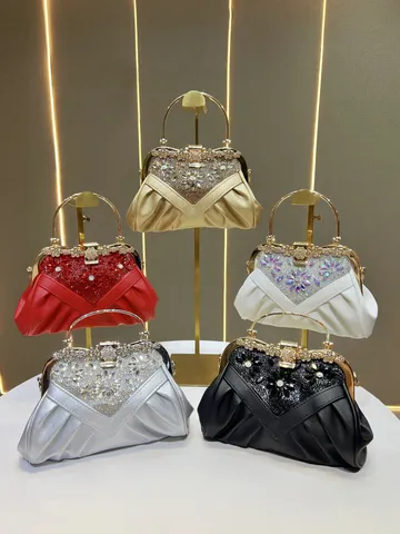 Donna Strass Borsa da Sera Lusso Manico Metallico Borsa a Tracolla Plissettato Raso Pochette Borsetta Per Matrimonio Festa Banchetto
