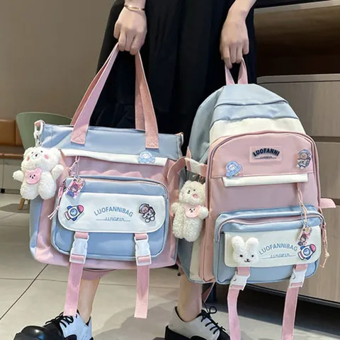 Casual Sakidio Platis apo Nylon Styl Campus Scholiko Tsanta Megalis Horitikotitas me Simata kai Kremasto