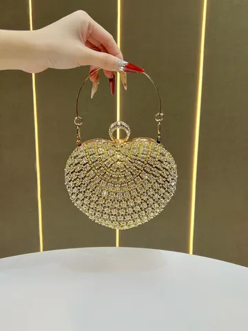 Donna Strass Cuore Borsa da Sera Lusso Cristallo Pochette Matrimonio Banchetto Borsa a Tracolla Con Catena