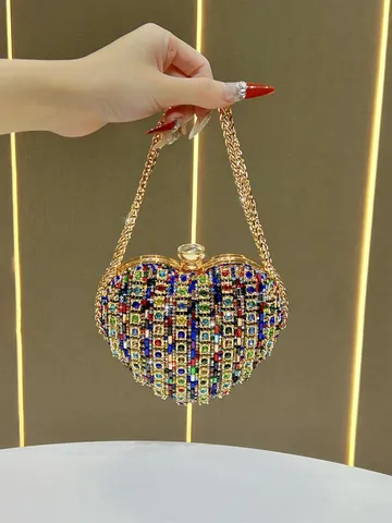 Donna Strass Cuore Borsa da Sera Lusso Cristallo Tracolla Borsetta Catena Metallica Matrimonio Festa Borsa