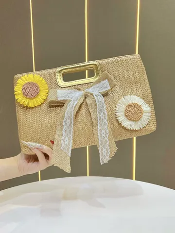 Borsa a Tracolla in Tessuto di Paglia da Donna Borsa a Mano alla Moda Borsa a Tracolla Casual con Catena Fiocco Floreale Borsa da Spiaggia Estiva