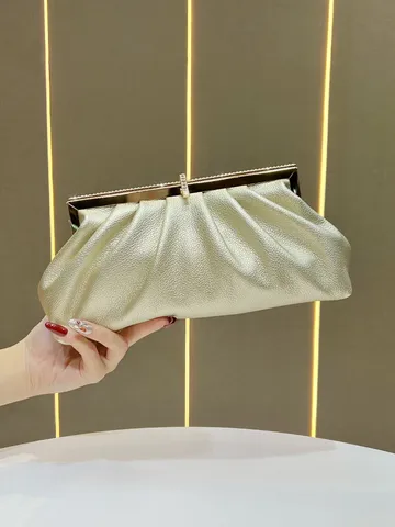 Borsa da Sera Plissettata alla Moda da Donna Lussuosa Chiusura con Strass Pochette in Pelle PU Tracolla a Catena per Festa Banchetto