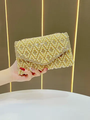 Borsa da Sera da Donna Pochette con Perle e Strass Elegante Banchetto Borsa a Tracolla con Catena Metallica