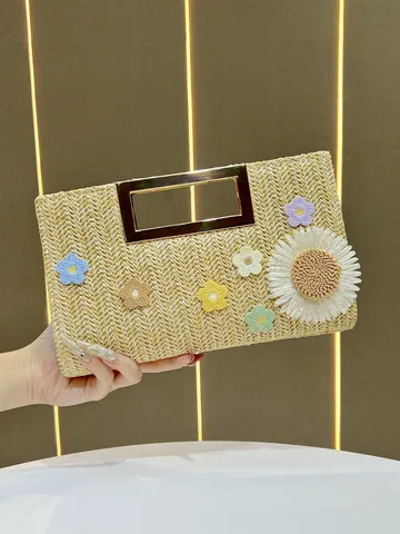 Donna Moda Borsa a Mano in Paglia Tessuta Casual Floreale Catena Tracolla Elegante Estate Spiaggia Pochette Borsa Manico