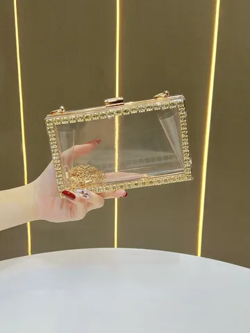 Borsa da Sera in Acrilico Trasparente Pocchetta con Strass Elegante Borsa a Tracolla con Catena Dorata Borsa a Mano per Festa Donna