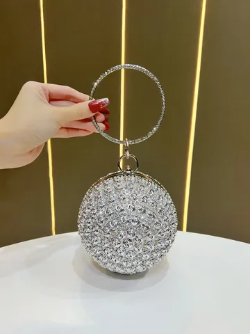 Borsa da Sera Tonda in Strass Lusso Pochette Fiore di Rosa Con Catena Donna Borsa a Mano Moda Per Festa di Matrimonio