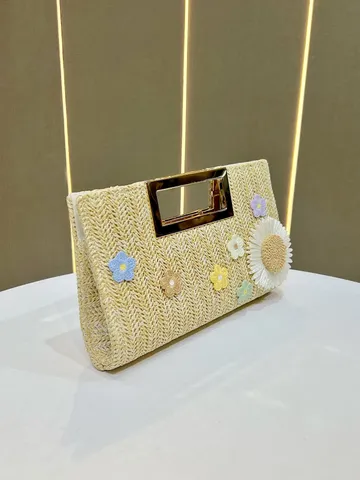 Donna Moda Borsa a Mano in Paglia Tessuta Casual Floreale Catena Tracolla Elegante Estate Spiaggia Pochette Borsa Manico