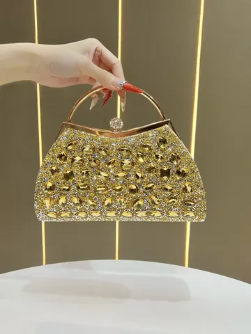 Borsa da Sera per Donna Lussuosa Pochette con Strass Manico Anello Metallico Matrimonio Festa Abito Borsa a Tracolla