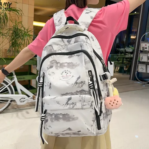 Grand Sac à Dos d'École Femme Casual Impression Paysage avec Pendentif Sac de Campus Jeunesse