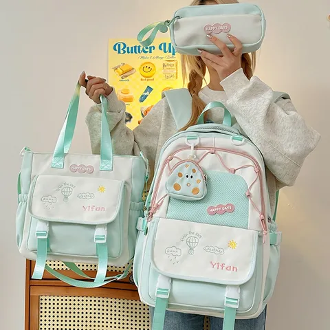 Conjunto de Mochila Escolar de Nylon para Adolescentes Niñas Estudiante Bolso Casual con Bolsa de Almuerzo y Estuche