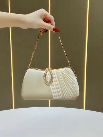 Donna Elegante Borsa da Sera Chiusura in Strass Borsa a Mano in Raso Plissettato Borsa a Tracolla a Catena di Lusso Borsa da Festa di Banchetto
