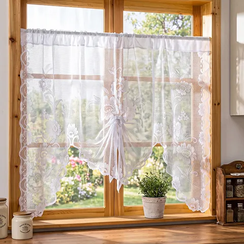French Classic Lace Cafe Curtains Floral Embroidery Short Window Drapes For Kitchen Living Room Partition Decoration