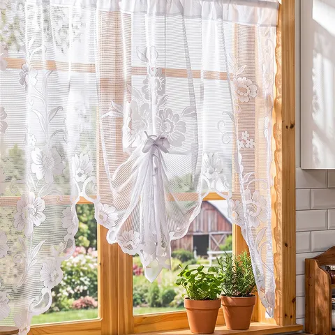 French Classic Lace Cafe Curtains Floral Embroidery Short Window Drapes For Kitchen Living Room Partition Decoration
