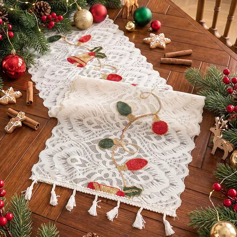 Kerstmis Kant Tafelrunner Polyester Geborduurd Kerstklokken Patroon Rechthoekige Tafelrunner Met Kwastjes Voor Eetkamer Feest Decoratie