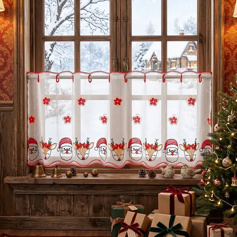 Tendina da Caffè Natalizia Ricamata in Poliestere Bianca Trasparente Motivo Babbo Natale e Renna per Arredo Finestra Cucina