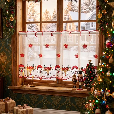 Tendina da Caffè Natalizia Ricamata in Poliestere Bianca Trasparente Motivo Babbo Natale e Renna per Arredo Finestra Cucina