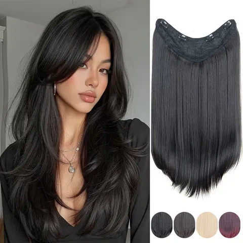 Matte Heat Resistant Synthetic Fiber V-Shape One Piece Layered Hair Extensions Clip In Hair Piece For Women Volume