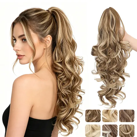Synthetische Hogetemperatuurvezel Golvende Klauw Clip Paardenstaart Pruik Vrouwen Highlight Lang Krullend Haar Extensie Natuurlijke Look