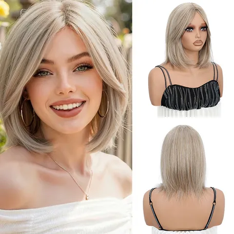 Synthetische Bob Perücke Mit Pony Kurze Glatte Perücke Blonde Farbverlauf Bob Perücke Für Damen Alltag Party Synthetische Haar Perücke