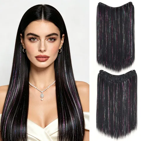 Synthetic Hair Extensions V Shaped One Piece Straight Clip In Hair Extensions With Laser Colorful Silk Hair Piece