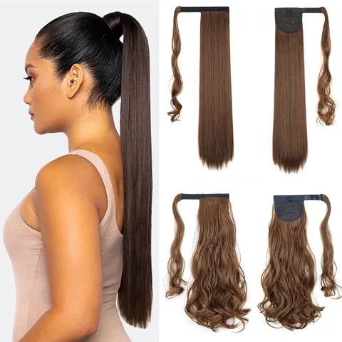 Synthetische Paardenstaart Extensie Klittenband Stijl Krullend Haarstuk Zwart Bruin Blond Lang Haar Voor Vrouwen