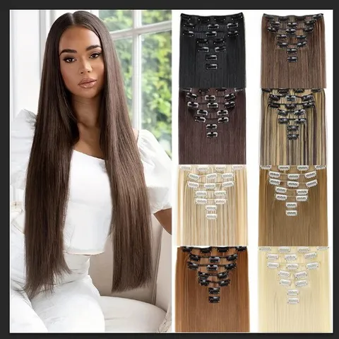 Synthetic Long Straight Hair Extensions Clip In Hair Pieces 16 Clips 7 Pcs Heat Resistant Fiber Hair For Women