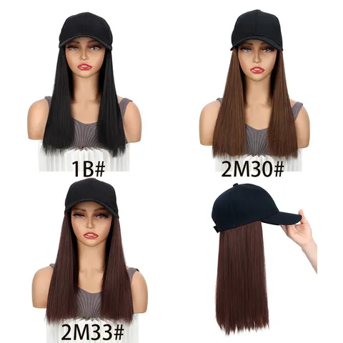 Synthetische Perücke Baseballkappe Lang Glattes Haar Perücke Mit Hut Verstellbare Haarverlängerungen Für Frauen Mode Tägliche Kleidung