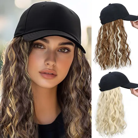 Damen Synthetische Perücke Baseball Cap Wasserwelle Haarverlängerung Verstellbarer Schwarzer Hut Mode Lässig