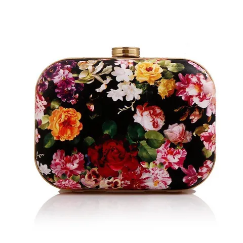 Dames PU Leer Bloemenprint Avondtas Harde Schaal Mini Clutch Met Metalen Ketting En Sluiting